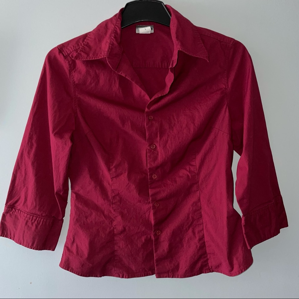 3/4 Sleeve V-neck Button-up Shirt L